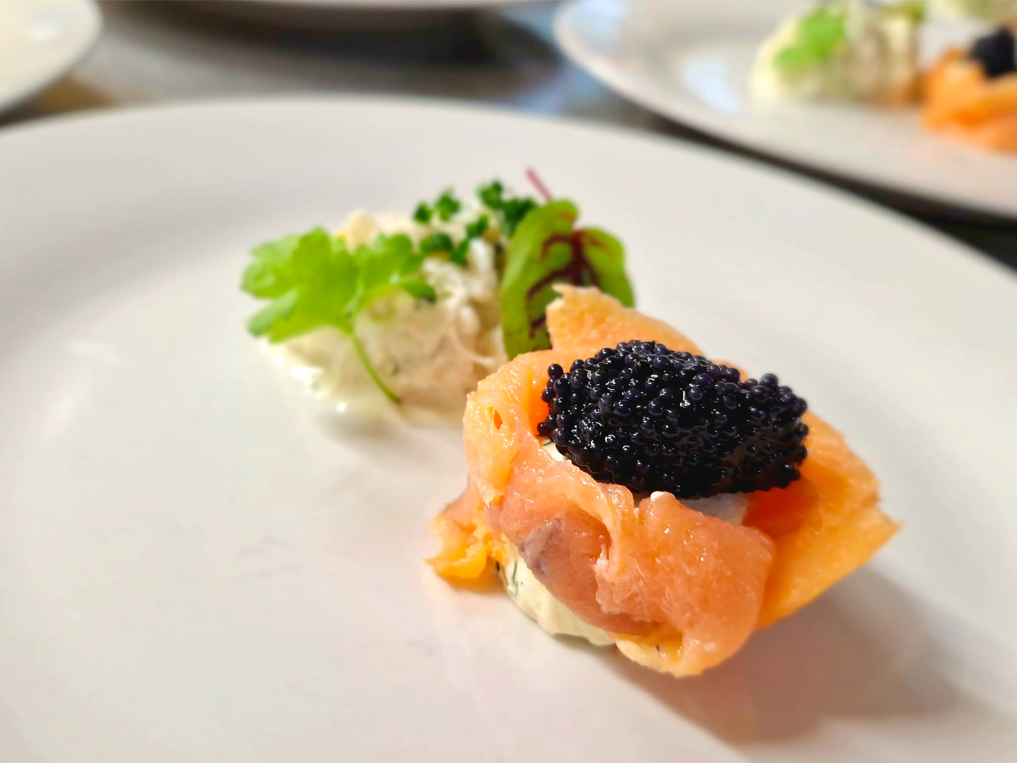 Smoked salmon roulade with black caviar and herb salad on a white plate